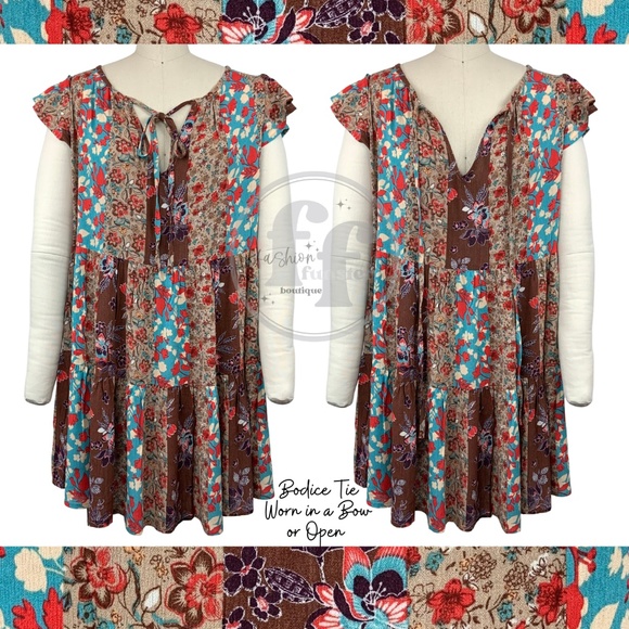 Blue B Patchwork Flutter Sleeve Floral Print Short Tiered Mini Swing Tunic Dress - Picture 3 of 15